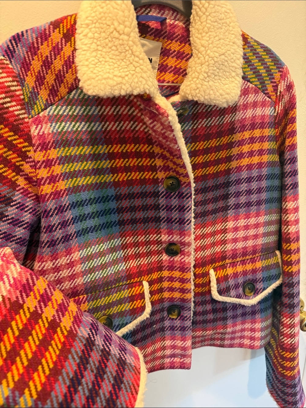 Boden Multicolor Plaid Teddy-Collar Cropped Jacket - Picture 3 of 6